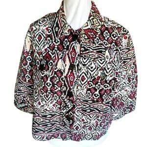 Ruby Rd Petite Red Black Ikat Tribal Print‎ 100% Cotton Button Front Jacket 16P